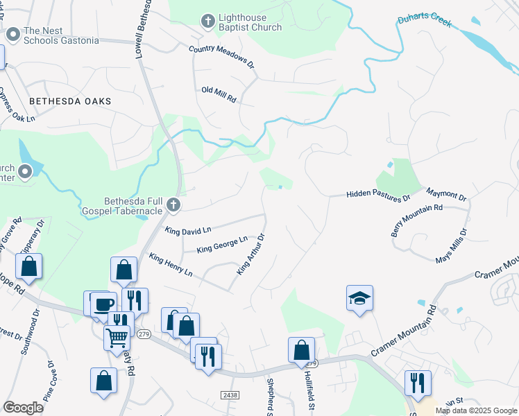map of restaurants, bars, coffee shops, grocery stores, and more near 336 King David Ln in Gastonia