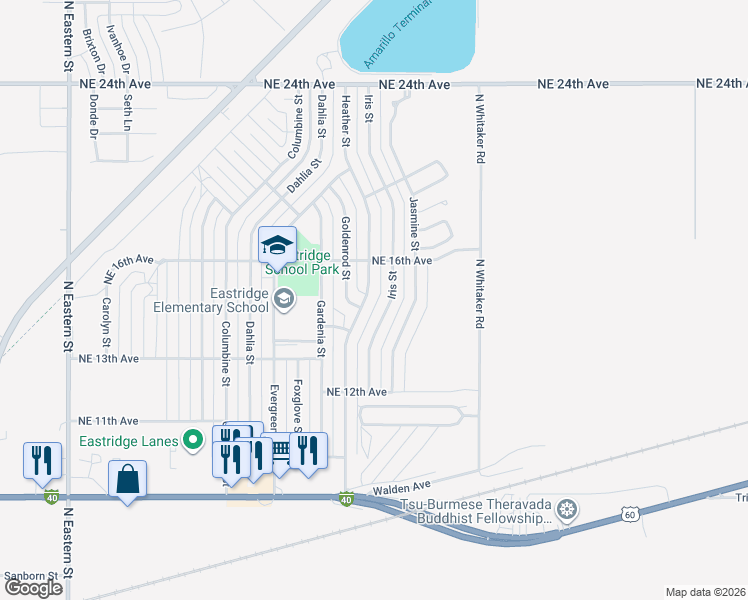 map of restaurants, bars, coffee shops, grocery stores, and more near Mobilhomestead Drive in Amarillo