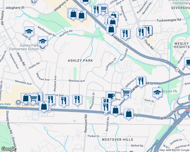 map of restaurants, bars, coffee shops, grocery stores, and more near in Charlotte