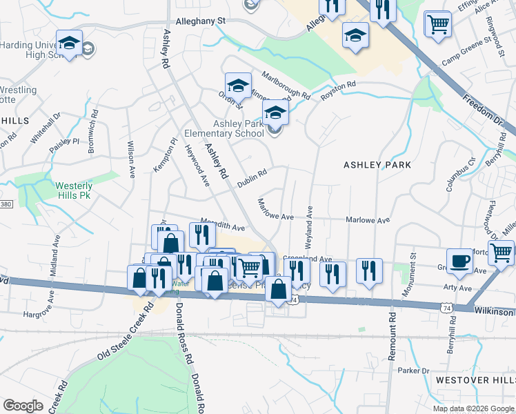 map of restaurants, bars, coffee shops, grocery stores, and more near 2531 Ashley Road in Charlotte