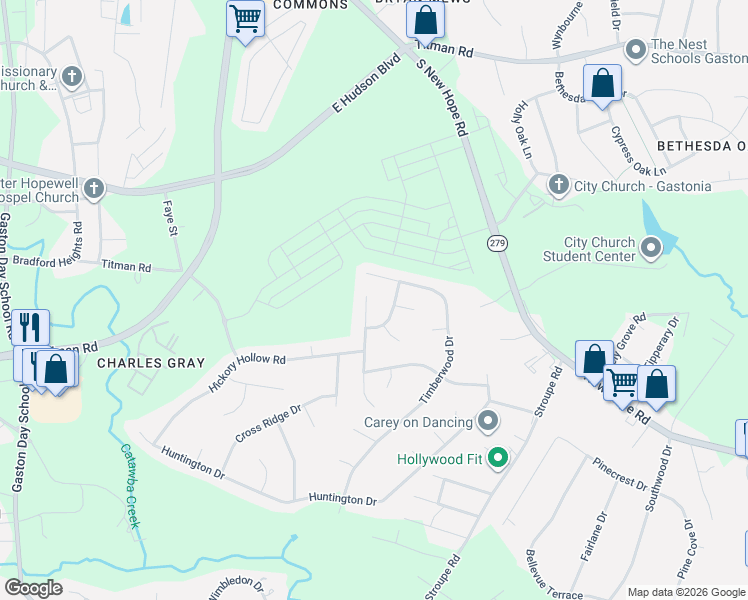 map of restaurants, bars, coffee shops, grocery stores, and more near 456 Linsbury Court in Gastonia