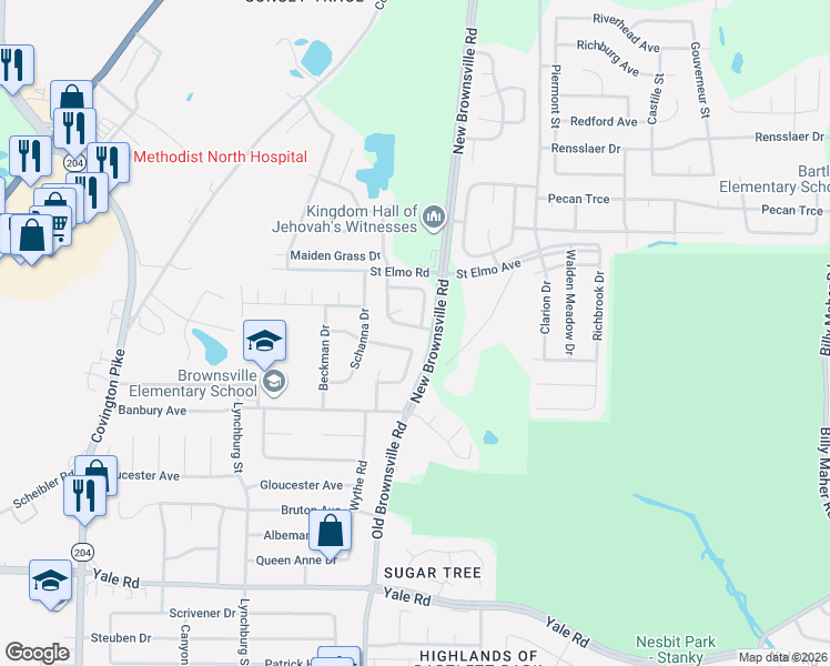 map of restaurants, bars, coffee shops, grocery stores, and more near 5451 Sundale Way South in Bartlett