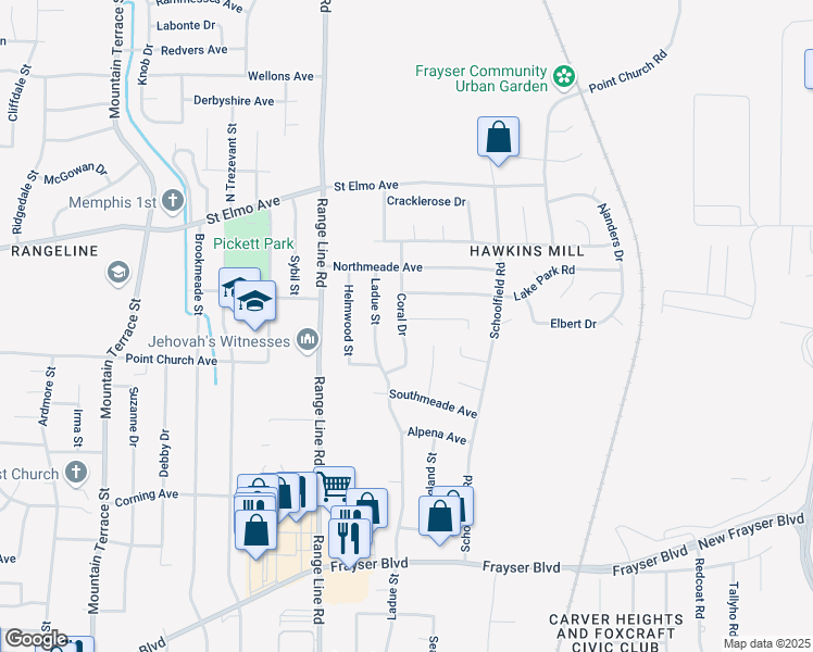 map of restaurants, bars, coffee shops, grocery stores, and more near 2759 Ridgeview Road in Memphis