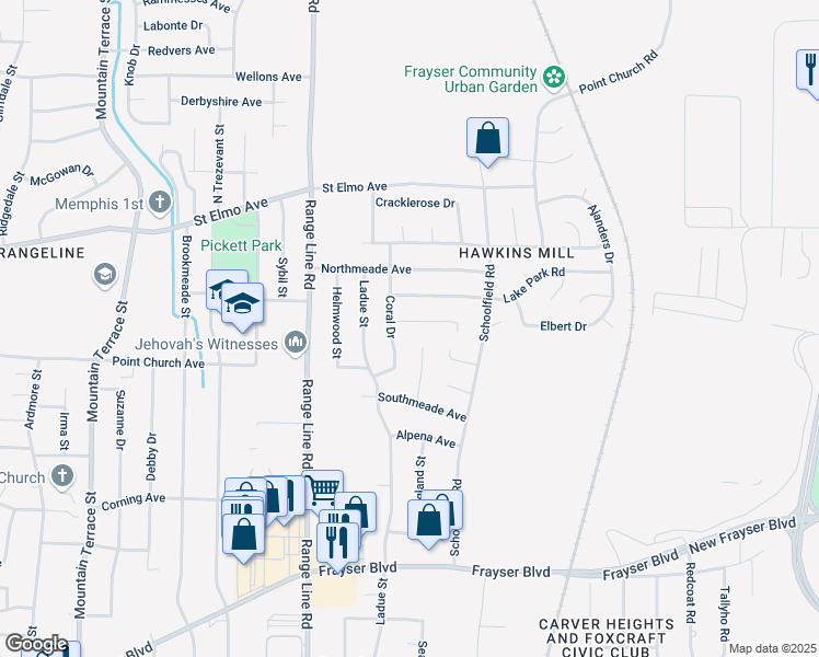 map of restaurants, bars, coffee shops, grocery stores, and more near 2759 Ridgeview Road in Memphis