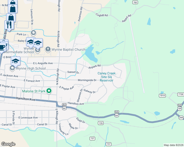 map of restaurants, bars, coffee shops, grocery stores, and more near 5 Woodlawn Circle in Wynne