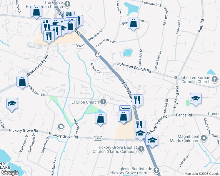 map of restaurants, bars, coffee shops, grocery stores, and more near 6626 East W.T. Harris Boulevard in Charlotte
