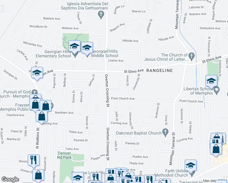map of restaurants, bars, coffee shops, grocery stores, and more near 2141 Townsend Avenue in Memphis
