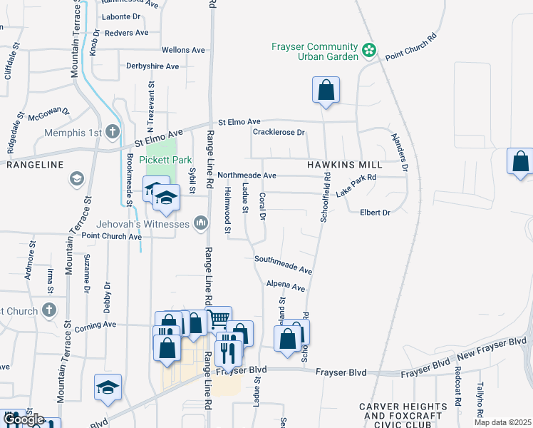 map of restaurants, bars, coffee shops, grocery stores, and more near 2759 Ridgeview Road in Memphis
