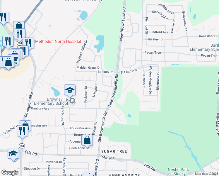 map of restaurants, bars, coffee shops, grocery stores, and more near 5451 Sundale Way South in Bartlett