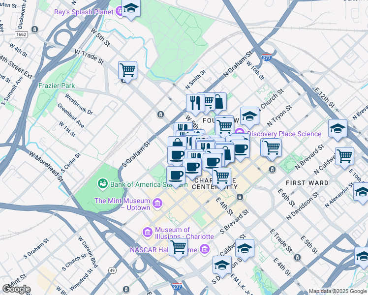 map of restaurants, bars, coffee shops, grocery stores, and more near 333 West Trade Street in Charlotte