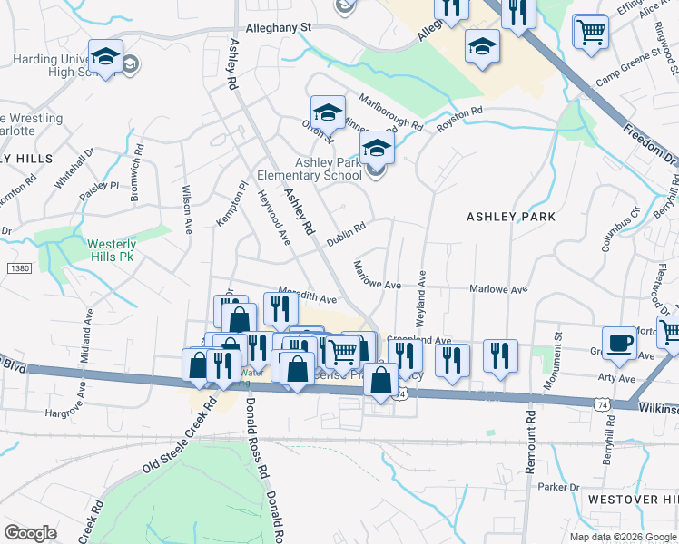 map of restaurants, bars, coffee shops, grocery stores, and more near 2531 Ashley Rd in Charlotte