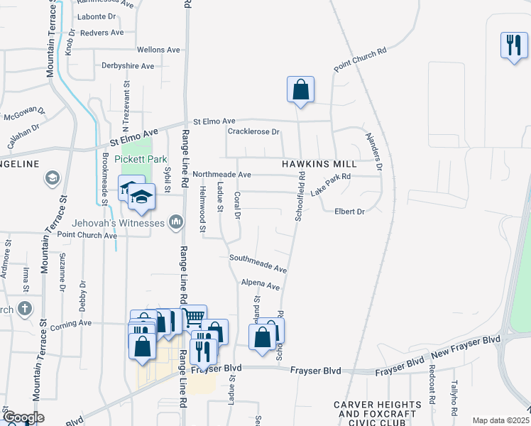 map of restaurants, bars, coffee shops, grocery stores, and more near 2795 Ridgeview Road in Memphis