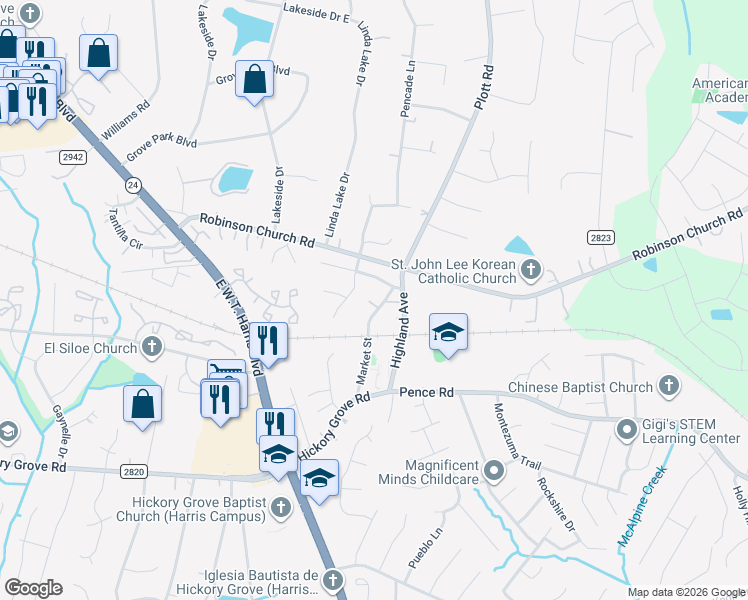map of restaurants, bars, coffee shops, grocery stores, and more near 6409 Market Street in Charlotte