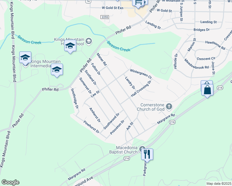 map of restaurants, bars, coffee shops, grocery stores, and more near 308 Fulton Drive in Kings Mountain
