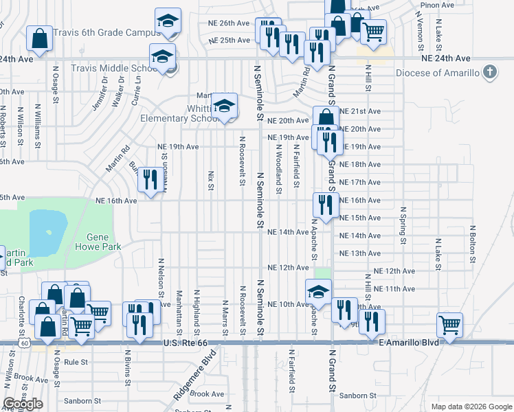 map of restaurants, bars, coffee shops, grocery stores, and more near 1419 North Seminole Street in Amarillo