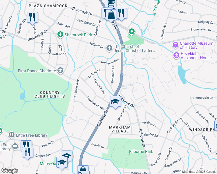 map of restaurants, bars, coffee shops, grocery stores, and more near 1964 Kilborne Drive in Charlotte