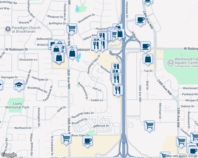 map of restaurants, bars, coffee shops, grocery stores, and more near 3212 Barley Court in Norman