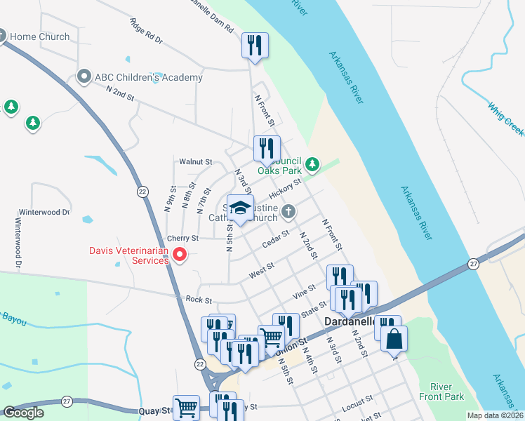 map of restaurants, bars, coffee shops, grocery stores, and more near 1114 North 3rd Street in Dardanelle