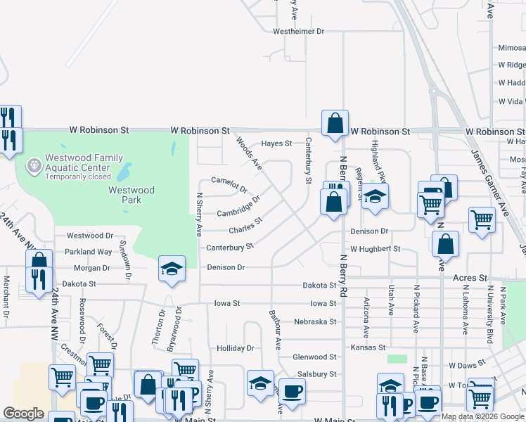 map of restaurants, bars, coffee shops, grocery stores, and more near 1421 Charles Street in Norman