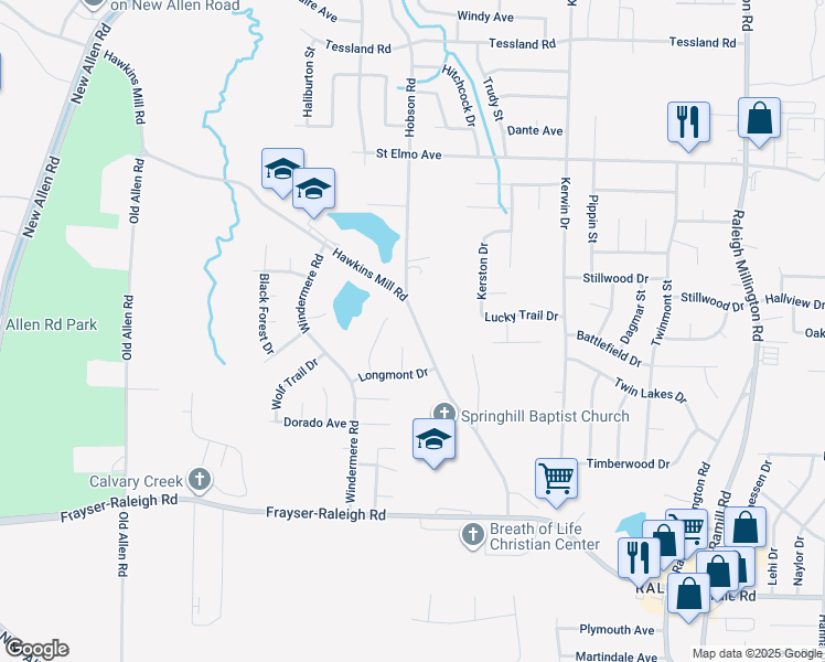 map of restaurants, bars, coffee shops, grocery stores, and more near 3721 Hawkins Mill Road in Memphis