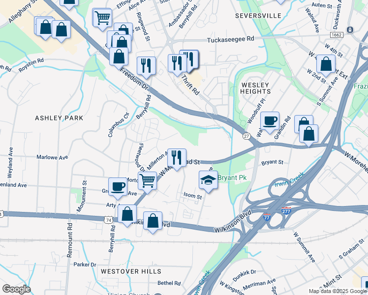 map of restaurants, bars, coffee shops, grocery stores, and more near 2024 Millerton Avenue in Charlotte