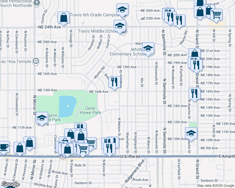 map of restaurants, bars, coffee shops, grocery stores, and more near 1421 N Nelson St in Amarillo