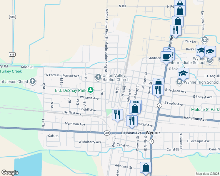 map of restaurants, bars, coffee shops, grocery stores, and more near 661 D Street in Wynne