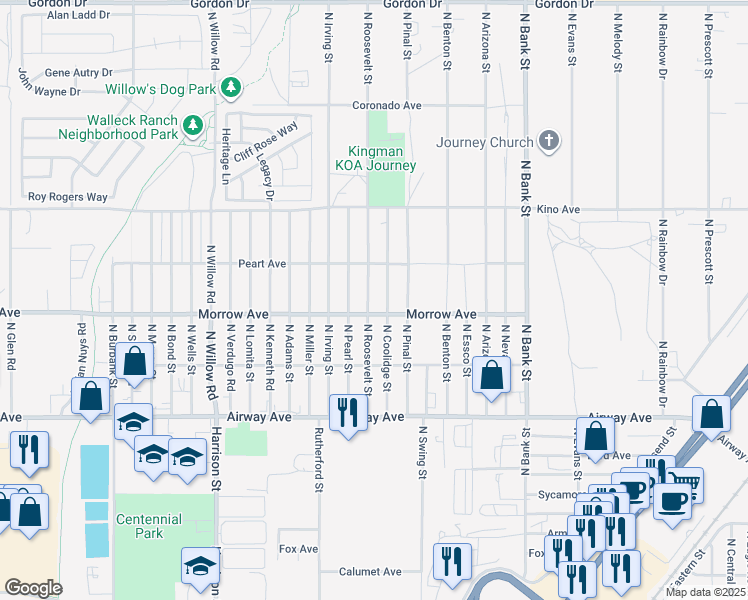 map of restaurants, bars, coffee shops, grocery stores, and more near 3640 North Roosevelt Street in Kingman