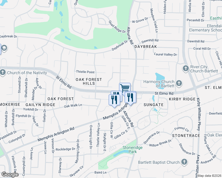 map of restaurants, bars, coffee shops, grocery stores, and more near 6437 Grassy Point Cove in Memphis