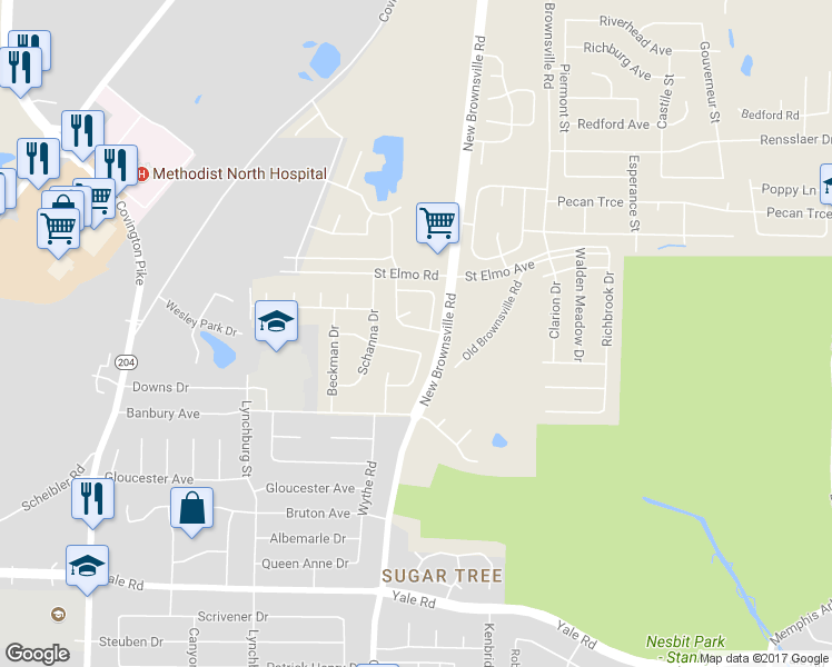 map of restaurants, bars, coffee shops, grocery stores, and more near 5451 Sundale Way South in Bartlett