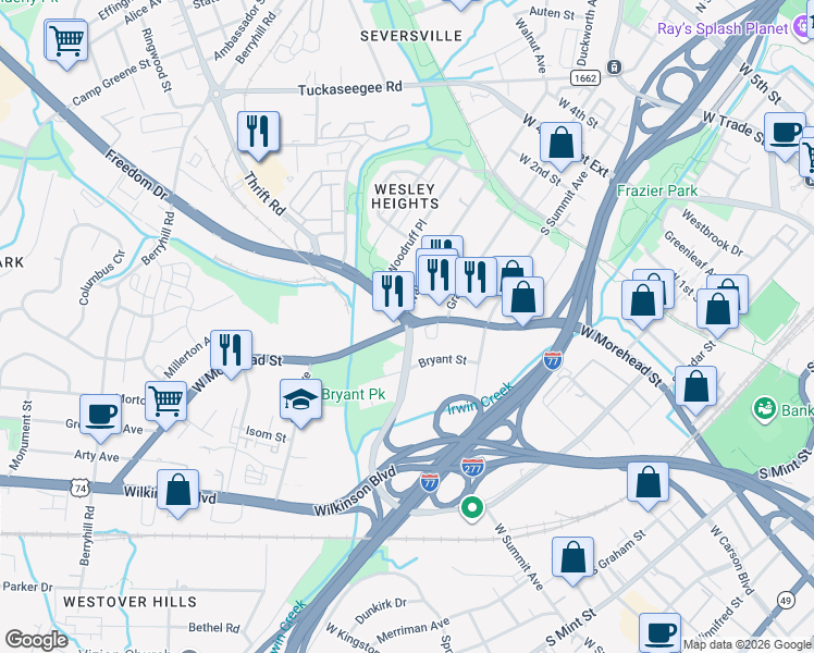 map of restaurants, bars, coffee shops, grocery stores, and more near W Morehead St & Freedom Dr in Charlotte