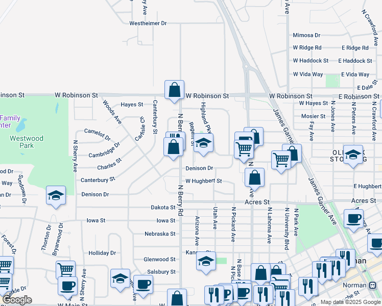 map of restaurants, bars, coffee shops, grocery stores, and more near 1312 Regent Street in Norman