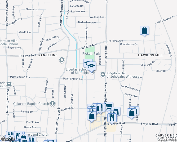 map of restaurants, bars, coffee shops, grocery stores, and more near 3777 Edenburg Drive in Memphis