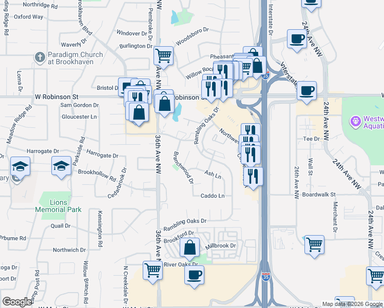 map of restaurants, bars, coffee shops, grocery stores, and more near 816 Ash Court in Norman