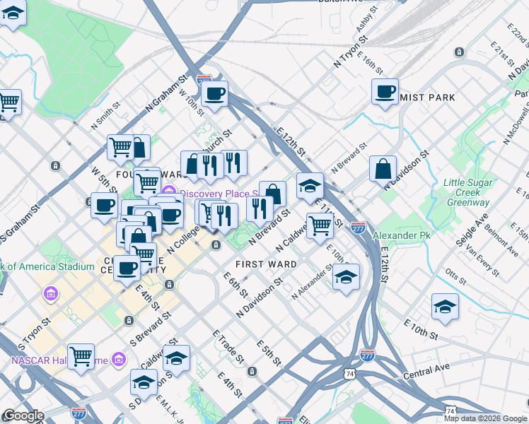map of restaurants, bars, coffee shops, grocery stores, and more near 319 East 9th Street in Charlotte