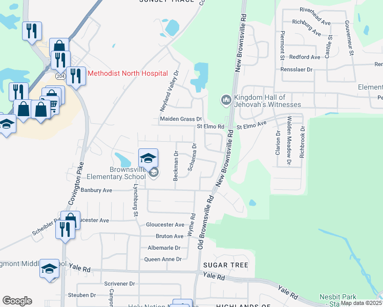 map of restaurants, bars, coffee shops, grocery stores, and more near 3781 Schanna Drive in Memphis