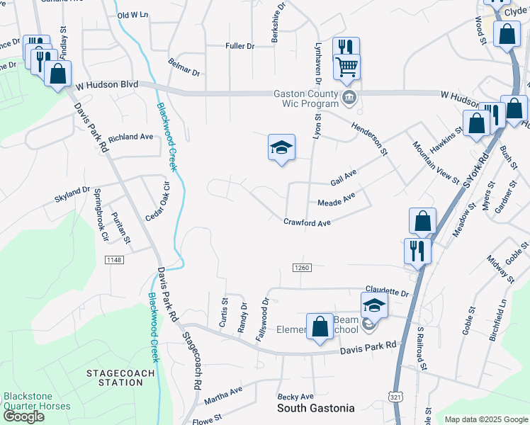 map of restaurants, bars, coffee shops, grocery stores, and more near 3024 Crawford Avenue in Gastonia