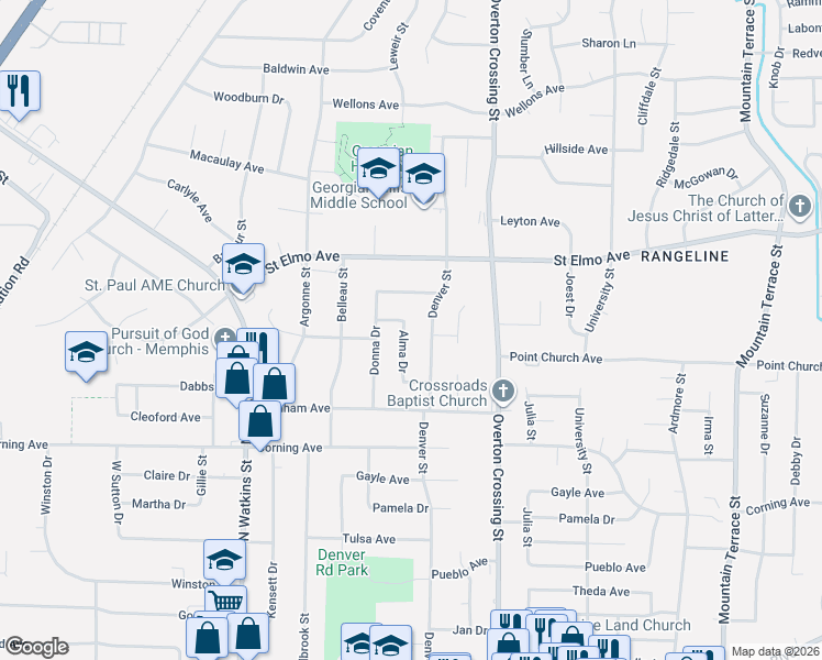 map of restaurants, bars, coffee shops, grocery stores, and more near 3790 Alma Drive in Memphis