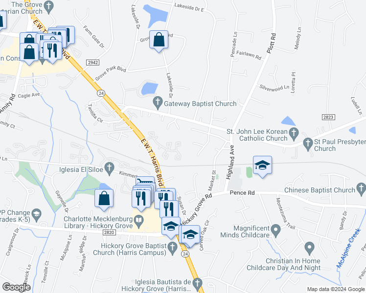 map of restaurants, bars, coffee shops, grocery stores, and more near 6431 Windsor Gate Lane in Charlotte