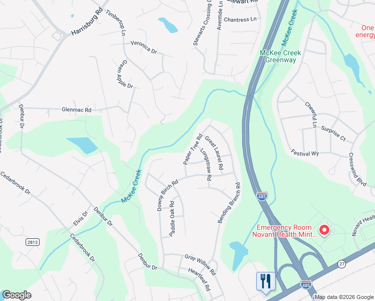 map of restaurants, bars, coffee shops, grocery stores, and more near 9725 Paper Tree Road in Charlotte