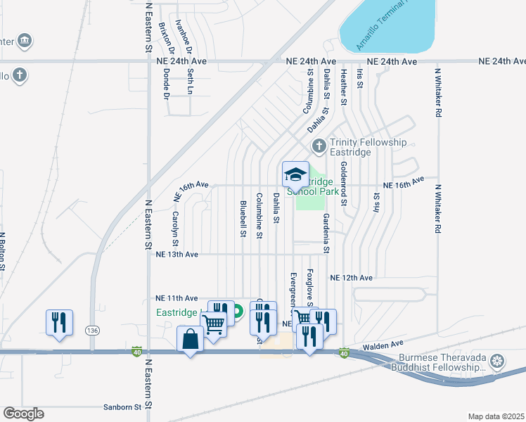 map of restaurants, bars, coffee shops, grocery stores, and more near 1324 Columbine Street in Amarillo