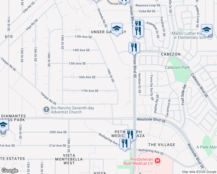 map of restaurants, bars, coffee shops, grocery stores, and more near 1899 17th Avenue Southeast in Rio Rancho