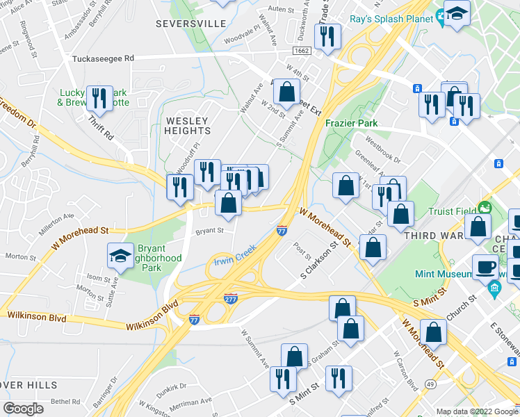 map of restaurants, bars, coffee shops, grocery stores, and more near W Morehead St & Calvert St in Charlotte