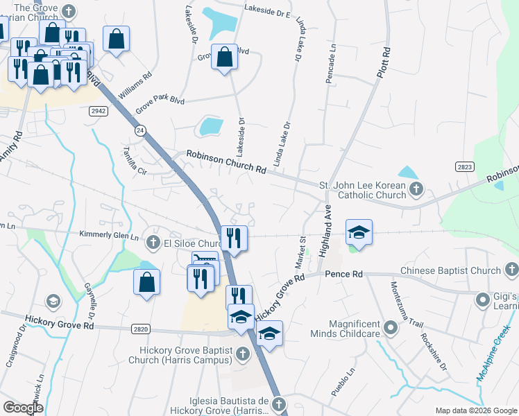 map of restaurants, bars, coffee shops, grocery stores, and more near 6433 Windsor Gate Lane in Charlotte