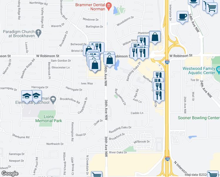 map of restaurants, bars, coffee shops, grocery stores, and more near 912 Branchwood Drive in Norman