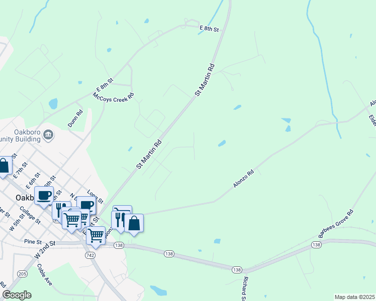 map of restaurants, bars, coffee shops, grocery stores, and more near 672 Scarlet Leaf Lane in Oakboro
