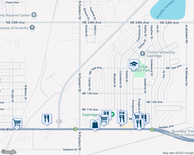 map of restaurants, bars, coffee shops, grocery stores, and more near 1324 North Nance Street in Amarillo