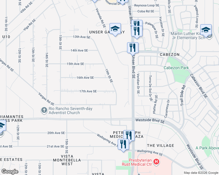 map of restaurants, bars, coffee shops, grocery stores, and more near 1899 17th Avenue Southeast in Rio Rancho