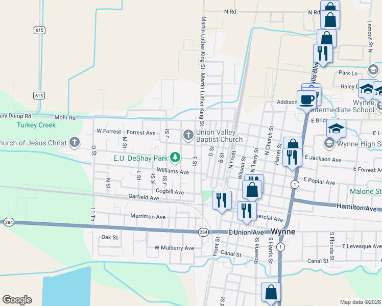 map of restaurants, bars, coffee shops, grocery stores, and more near 605 F Street in Wynne