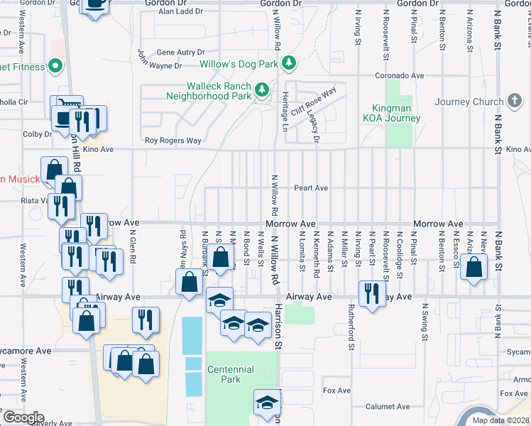 map of restaurants, bars, coffee shops, grocery stores, and more near 3640 N Wells St in Kingman